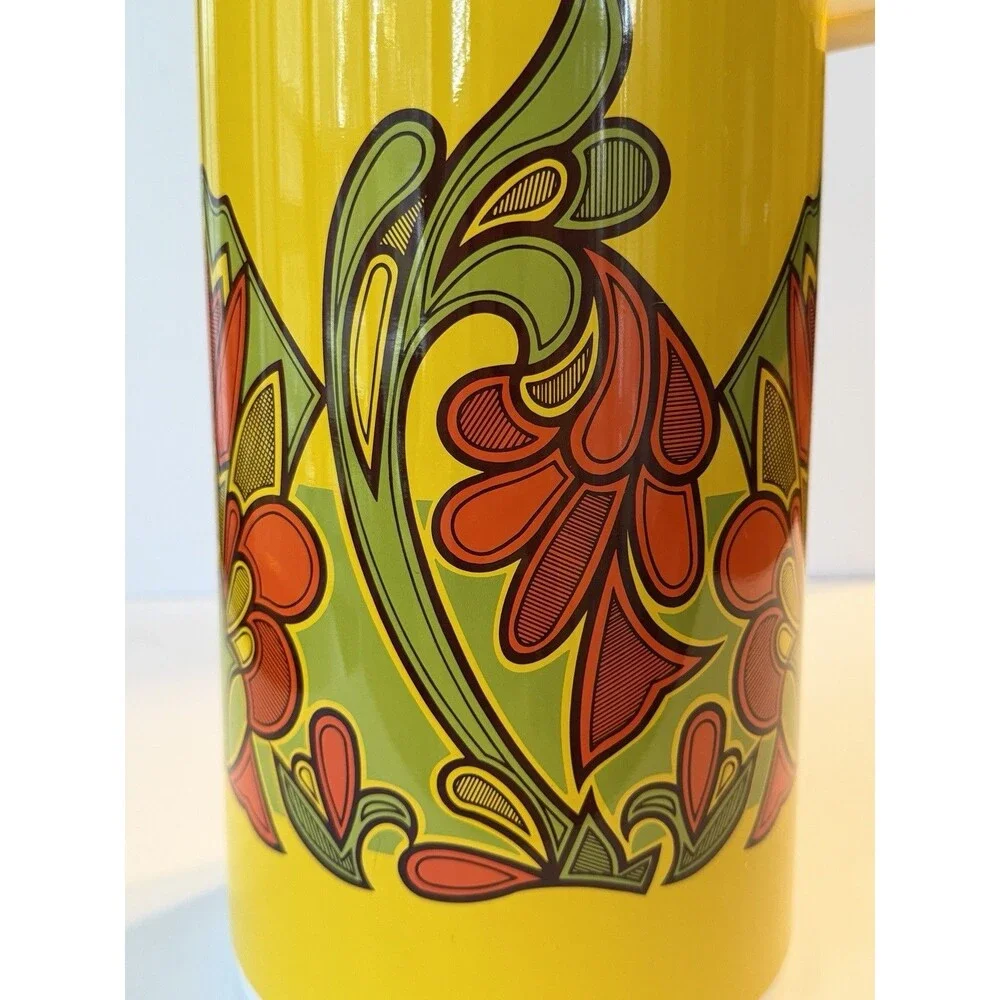 Vintage 70s Japan Airpot Pump Thermos MCM Mod Flower Power Yellow Green Orange